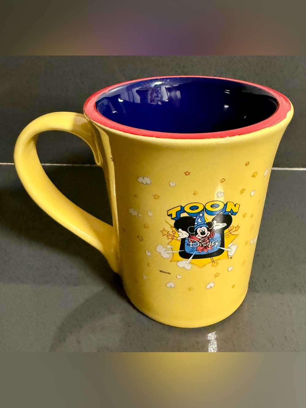 Rare Vintage Disney Mickey Mouse Toon Town Yellow Mug Stars Clouds Red Rim